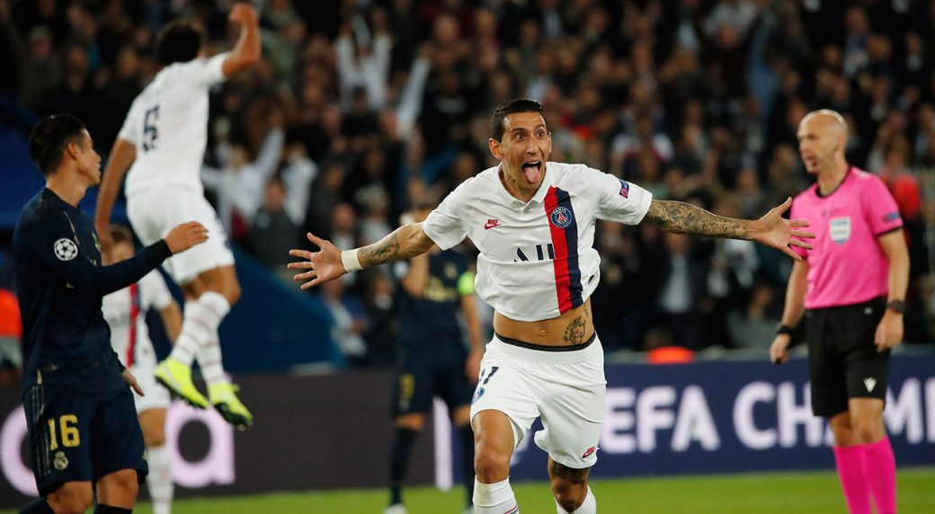 Di Maria hả hê khi xé lưới Real. Ảnh: Mirror real psg, psg real, real madrid, psg, paris saint-germain, real vs psg, cup c1 châu âu, cup c1, kết quả real vs psg, di maria, kết quả psg vs real