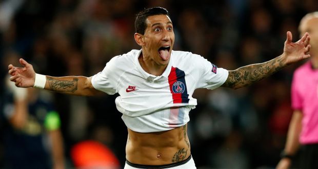 Di Maria ăn mừng phấn khích trước Real. Ảnh Getty real psg, psg real, real madrid, psg, paris saint-germain, real vs psg, cup c1 châu âu, cup c1, kết quả real vs psg, di maria, kết quả psg vs real