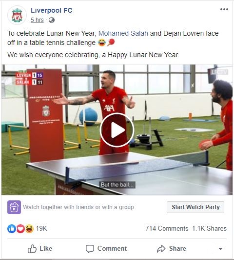 Liverpool đăng tải video trên Facebook. Ảnh: Screenshot Liverpool, Mohamed Salah, Dejan Lovren, Ngoại hạng Anh, Tết Nguyên Đán, Xuân Canh Tý 2020