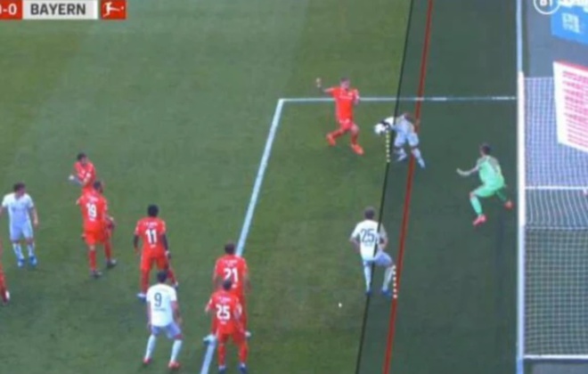 Bàn thắng không được công nhận của Bayern Munich (áo trắng). Ảnh: Chụp màn hình Bundesliga, Bayern Munich, Union Berlin, Thomas Muller, Ronaldo, Nani