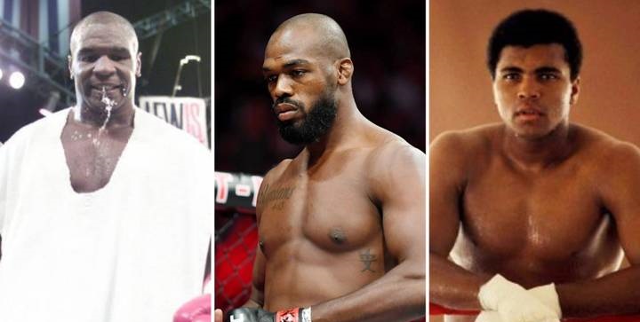 Jon Jones (giữa) được ca ngợi có thể đánh bại cả hai huyền thoại. Ảnh: Internet MMA, Mike Tyson, Muhammad Ali, Jon Jones