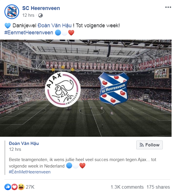 CLB SC Heerenveen chia sẻ trên fanpage của đội Đoàn Văn Hậu, Văn Hậu sang Hà Lan thi đấu, Văn Hậu gia nhâp SC Heerenveen