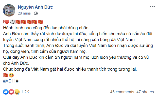 Anh Đức thông báo chia tay ĐT Việt Nam trên trang cá nhân Việt Nam vs Thái Lan, Nguyễn Anh Đức, ĐT Việt Nam, Vòng loại World Cup 2022, vô địch AFF Cup 2018