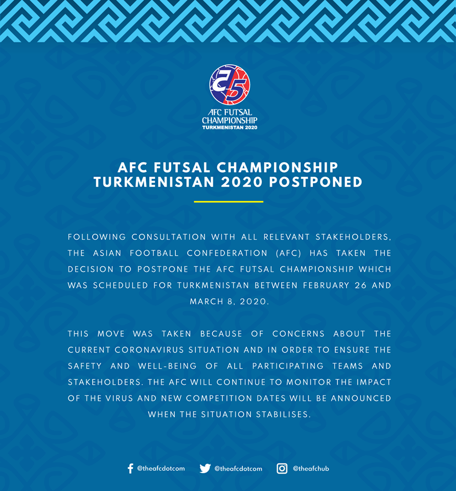 AFC chính thức thông báo tạm hoãn VCK Futsal châu Á 2020 AFC hoan vck futsal chau A