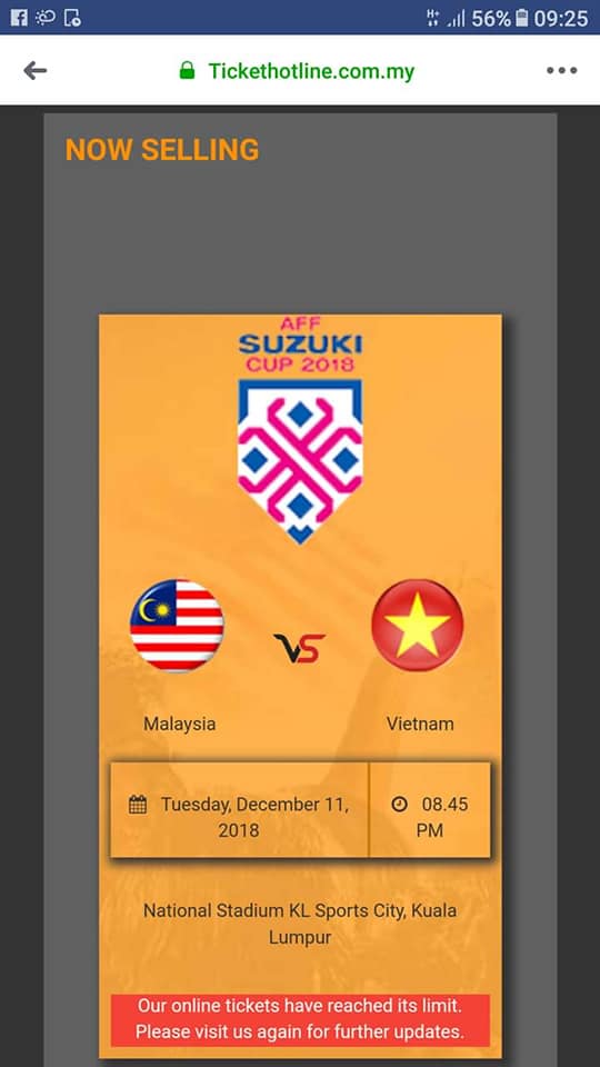 Trang đặt vé của Malaysia thông báo hết vé Chung kết AFF Cup 2018, Việt Nam, Malaysia vs Việt Nam